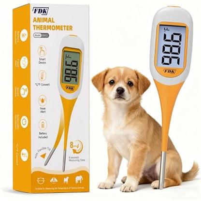 FDK Digital Dog & Cat Thermometer for Fever Detection, 8s Fast Reading Pet Rectal Thermometer with Large LCD Screen, Comfortable Flexible Soft Tip Fever Alert °C/°F Switchable