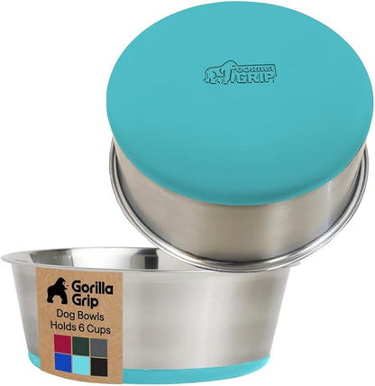 GORILLA GRIP Dog Bowls, Food Grade 304 Stainless Steel Holds 6 Cups Each (48 fl oz) Food and Water Bowl for Feeding Dogs and Cats Dishwasher Safe Rust Resistant BPA Free Rubber Base Set of 2 Turquoise
