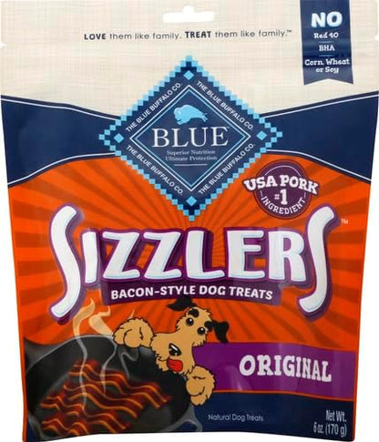 Blue Buffalo Sizzlers Natural Soft Dog Treats,Bacon-Style Soft-Moist Dog Treats with Real USA Pork,Original Flavor,6-oz Bag,(Pack of 2)