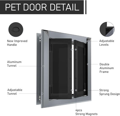 Aluminum French Large Dog Door, Heavy-Duty with Strong Double Magnetic Flaps & Aluminum Telescoping Tunnel, for Large/Medium Dogs Up to 110LBS - Gray
