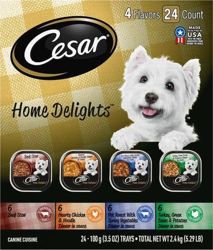 Cesar Home Delights Adult Wet Dog Food,Pot Roast with Spring Vegetables,Beef Stew,Turkey,Green Beans,& Potatoes,and Hearty Chicken & Noodle Dinner in Sauce Variety Pack,3.5 oz.,24 Count (Pack of 2)