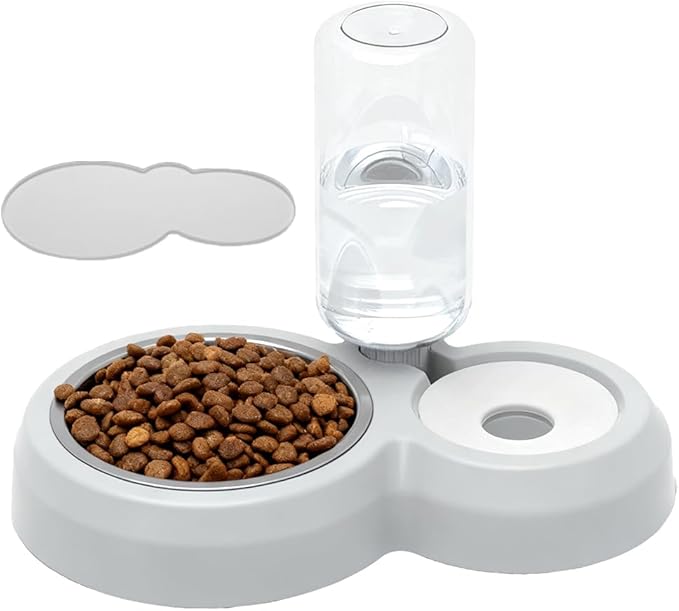 Double Dog Cat Bowls, Pets Food and Water Bowl Set with Automatic Water Dispenser and Stainless Steel Bowl Silicone Dog Bowl Mat, Gravity Feeder for Cats and Small Dogs Puppies (Grey)