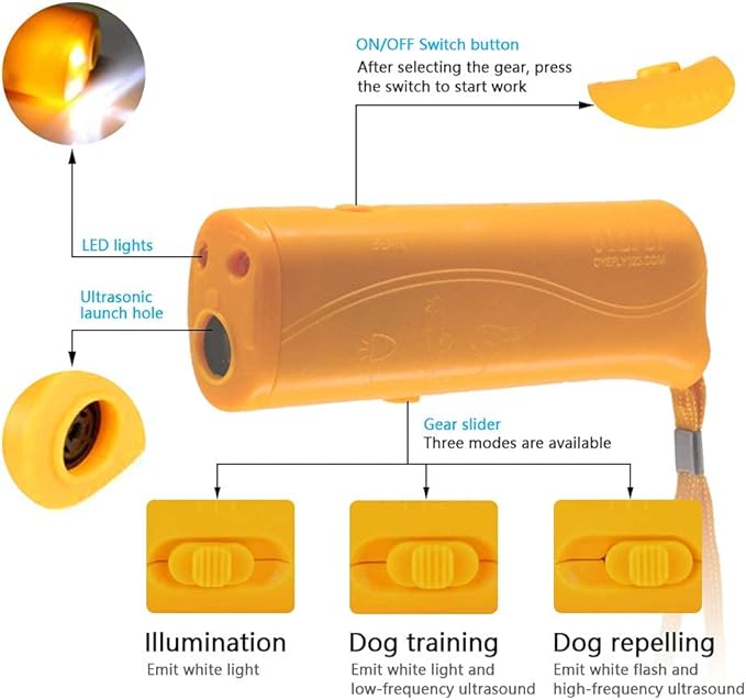 OYEFLY Handheld Dog Trainer, 3 in 1 with LED Flashlight,Bark Stopper Dog Trainer Devices Training Tool/Stop Barking(Yellow)