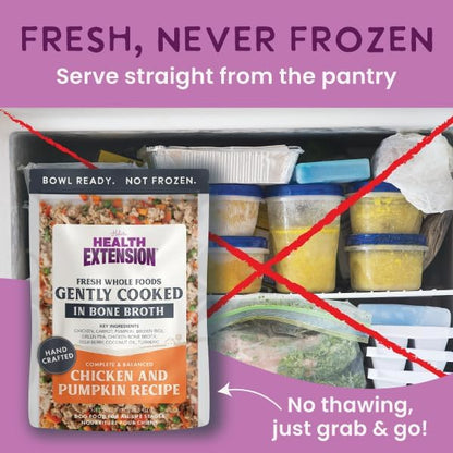 Health Extension Gently Cooked Chicken & Pumpkin Dog Food, Human-Grade & Shelf-Stable with Superfoods, Supports Digestion, Immunity, Skin & Coat, 3 oz Pouch (Pack of 20)