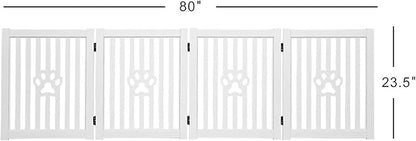 4 Panel Dog Gate - White - Foldable Wooden Freestanding Pet Gate, 80" L x 23.6" H, for Doorways, Halls & Stairs, 360 Degree Rotated Hinges