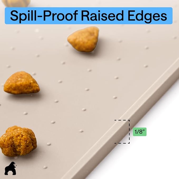 GORILLA GRIP 100% Waterproof Raised Edge BPA Free Silicone Pet Feeding Mat, Dog Cat Food Mats Contain Spills Protects Floors, Placemats for Cats and Dogs Water Bowl, Pets Accessories 23x15 Cream