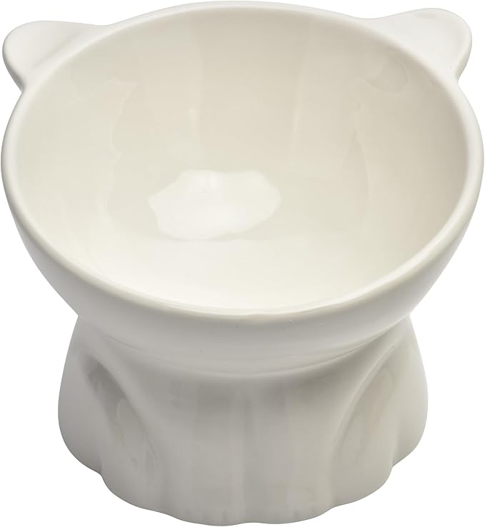 Elevated Cat Food Bowl,9 Oz Ceramic Raised and Tilted Water Bowl,Anti Vomiting and Protect Pets Spines Dishes for Fat Faced Cat, Indoor Cats,Kitten,Small Dog (White)