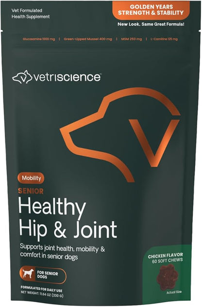 VetriScience Senior Healthy Hip & Joint Soft Chews, GlycoFlex Glucosamine, Green-Lipped Mussel, and Carnitine Joint Supplement for Dogs, Chicken, 120 Count