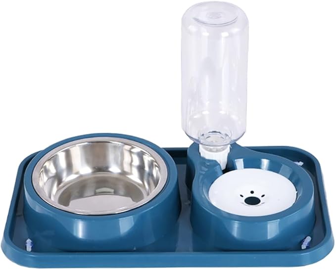 Dog Bowls, Non-Slip Puppy Cat Food and Water Bowl Set with Water Dispenser and Stainless Steel Bowl Detachable Gravity Pet Feeder and Waterer Set for Cats Dogs Puppy Rabbit (Blue, 500ML)