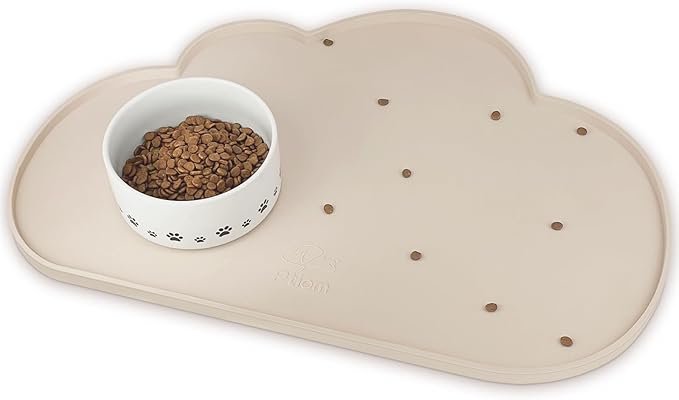Ptlom Silicone Pet Feeding Mat for Dogs and Cats, High-Lips Pet Placemat Non-Slip Waterproof Bowl Mats Prevent Food and Water Overflow, Puppy Dish Tray Mat Suitable for Small Medium Large Pets, Beige