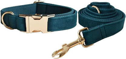 Love Dream Velvet Dog Collar and Leash Set, Soft & Comfy Adjustable Dog Leash and Collar with Heavy Duty Metal Buckle for Small Medium Large Dogs Training & Walking (XLarge, Peacock Green)