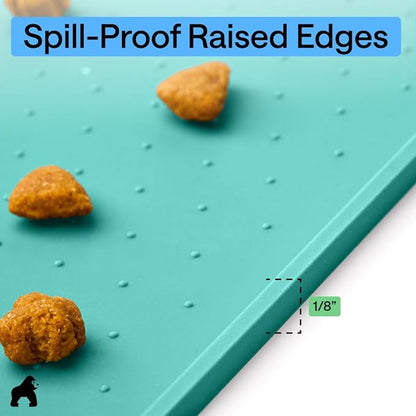 GORILLA GRIP 100% Waterproof Raised Edge BPA Free Silicone Pet Feeding Mat, Dog Cat Food Mats Contain Spills Protects Floors Placemats for Cats and Dogs Water Bowl Pets Accessories 18.5x11.5 Turquoise