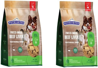 Nutri Bites Freeze-Dried Beef Liver Dog Treats, 2 Pack (27 oz) | Single-Ingredient Real Beef Liver | High Protein, Grain-Free Treats for Dogs & Cats | Made in Canada | Resealable Freshness Bag