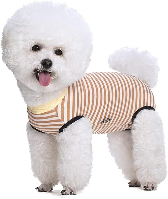 Dog Recovery Suit After Surgery,Spay Neuter Clothes for Female Dogs,Small Medium Dog Shirt,E-Collar Cone Alternative,Prevent Licking Wound Dog Onesie,Pet Surgical Suit(Brown White Stripe-l)