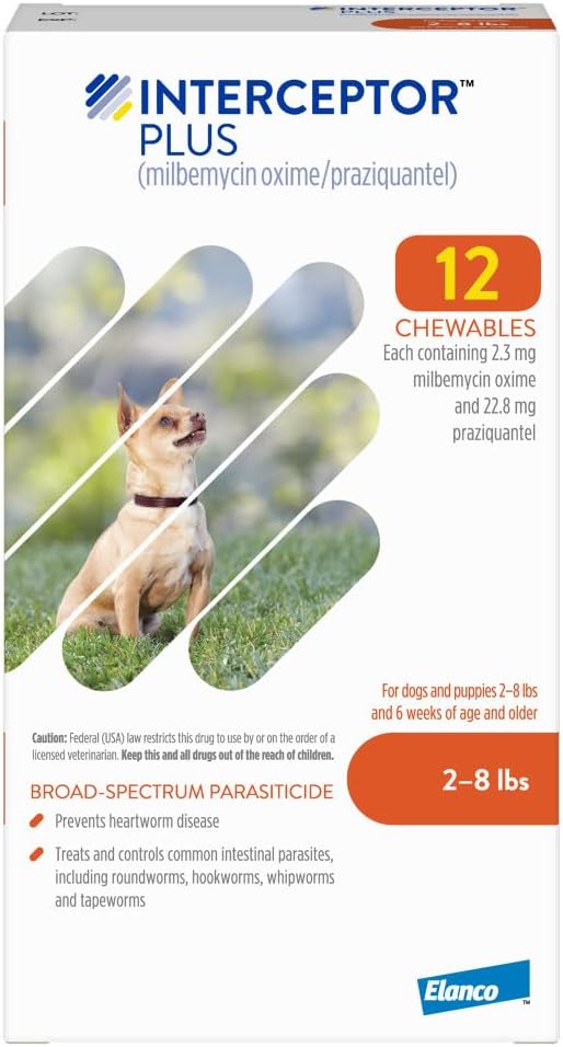 Interceptor Plus Prevention for Heartworm + 4 Other Worms for Dogs 2-8 lbs. | 12 Chews, 12-Month Supply