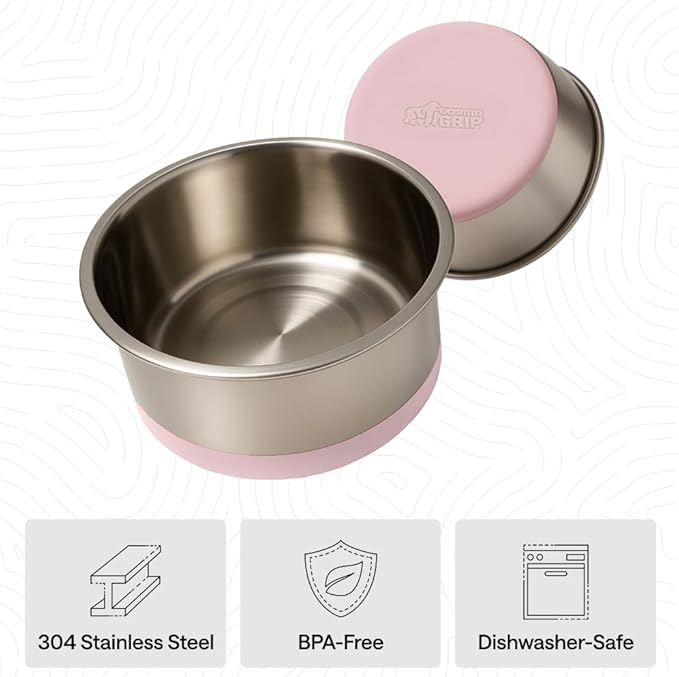 GORILLA GRIP Dog Bowls, Food Grade 304 Stainless Steel, Holds 2 Cups Each (16 fl oz) Food and Water Bowl for Feeding Dogs and Cats, Dishwasher Safe, Rust Resistant, BPA Free Rubber Base Set of 2 Pink