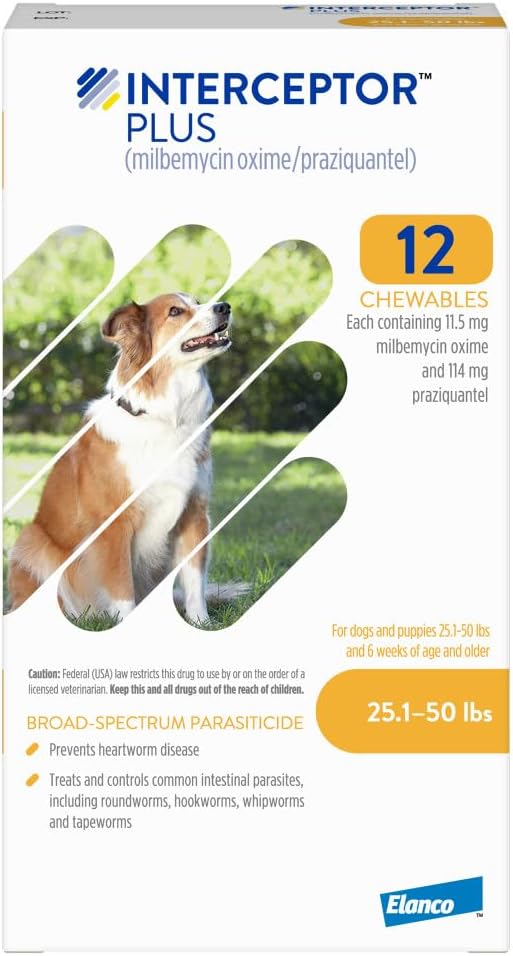 Interceptor Plus Prevention for Heartworm + 4 Other Worms for Dogs 25.1-50 lbs. | 12 Chews, 12-Month Supply