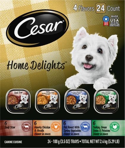 Cesar Home Delights Adult Wet Dog Food,Pot Roast with Spring Vegetables,Beef Stew,Turkey,Green Beans,& Potatoes,and Hearty Chicken & Noodle Dinner in Sauce Variety Pack,3.5 oz.,24 Count (Pack of 2)