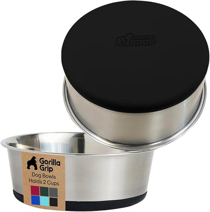 GORILLA GRIP Dog Bowls, Food Grade 304 Stainless Steel, Holds 2 Cups Each (16 fl oz) Food and Water Bowl for Feeding Dogs and Cats, Dishwasher Safe, Rust Resistant, BPA Free Rubber Base Set of 2 Black