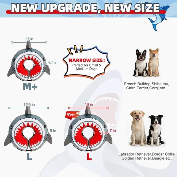 KOOLTAIL Inflatable Dog Cone Collar, Soft Donut E Collar for Dogs After Surgery to Stop Licking Enhanced Alternative, Blow Up Pet Neck Pillow Recovery Adjustable Cone for Dog Cat, Upgrade Size,Shark L