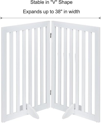 unipaws 36”H Free Standing Pet Gate for Dog and Cat, Wooden Dog Gates for Doorway, Stairs, Room Divider, Step Over Foldable Pet Fence for The House, Expandable Barrier, Indoor Use, White