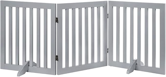 Unipaws Indoor 3 Panels Classic Freestanding Wooden Foldable Pet Gate with Support Feet - Grey, 20" W x 24" H