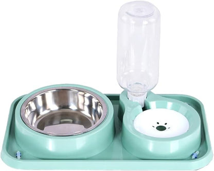 Dog Bowls, Non-Slip Puppy Cat Food and Water Bowl Set with Water Dispenser and Stainless Steel Bowl Detachable Gravity Pet Feeder and Waterer Set for Cats Dogs Puppy Rabbit (Green, 1000ML)