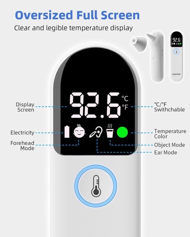 Digital Thermometer for Adults and Kids: Accurate Ear and Forehead Temperature Readings - Fever Alarm - Touchless Ideal for Babies Toddlers Infants Sensiors - Large LED Display - Home Use