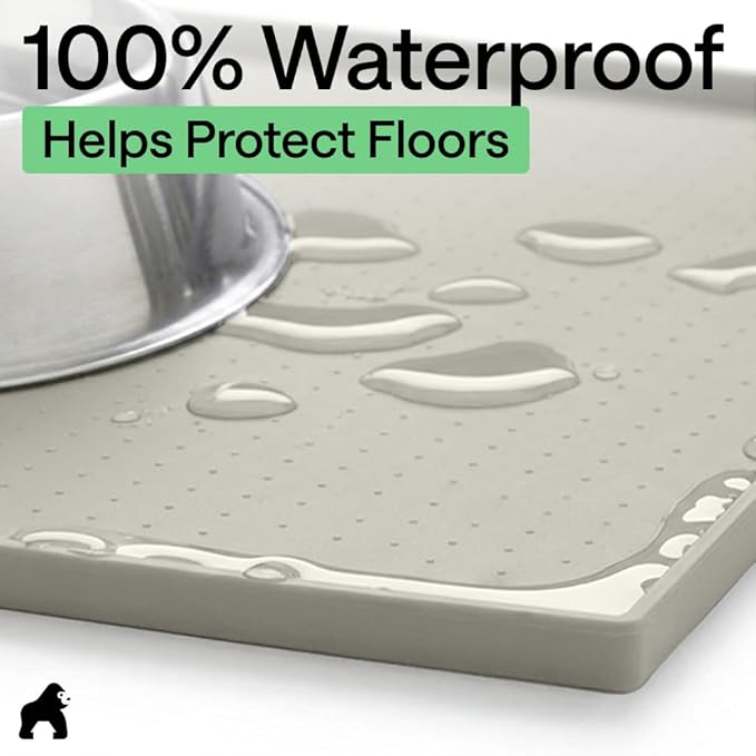 GORILLA GRIP 100% Waterproof Raised Edge BPA Free Silicone Pet Feeding Mat, Dog Cat Food Mats Contain Spills Protects Floors, Placemats for Cats, Dogs Water Bowl, Pets Accessories 32x24 Light Gray