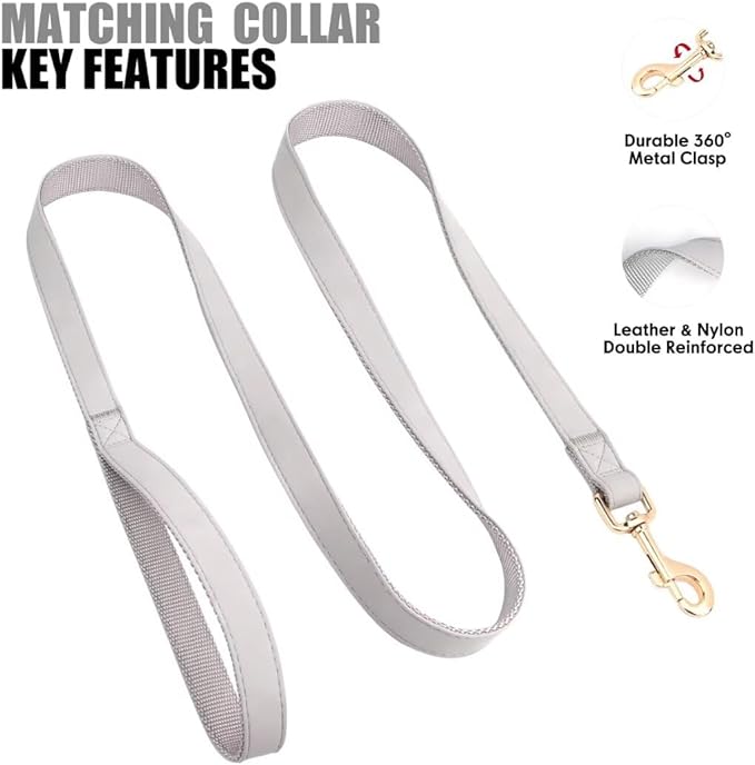 PET ARTIST Soft PU Leather Dog Collar and Leash Set, Bright & Stylish 5FT PU Leather Leash and Collar Set, Durable Pet Collars with Quick Release Metal Buckle for Medium Dogs,Gray,M(13-19")
