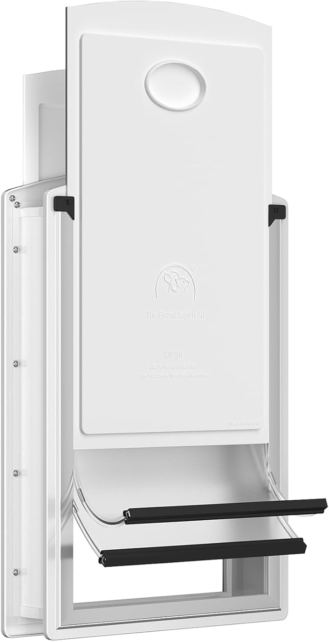 [Classicmacher] Dog Door for Door, All-Stainless Steel Frame Doggie Door with Double Soft Flaps and 2 Sliding ABS Panels, Easy to Install, Perfect for Large Dogs Under 110 LBS (White, Double Flaps)