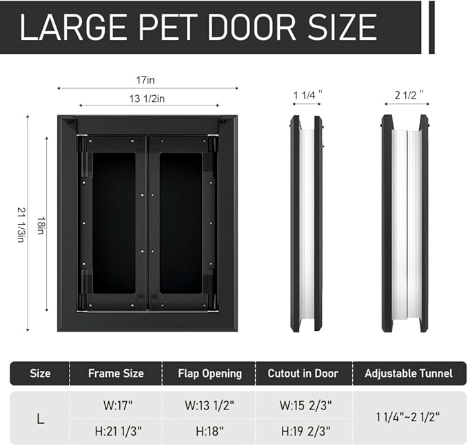 Aluminum French Large Dog Door, Heavy-Duty with Strong Double Magnetic Flaps & Aluminum Telescoping Tunnel, for Large/Medium Dogs Up to 110LBS - Black