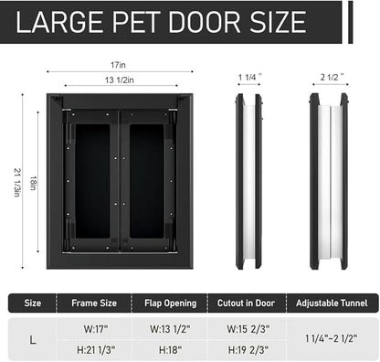Aluminum French Large Dog Door, Heavy-Duty with Strong Double Magnetic Flaps & Aluminum Telescoping Tunnel, for Large/Medium Dogs Up to 110LBS - Black