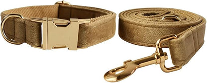 Love Dream Velvet Dog Collar and Leash Set, Soft & Comfy Adjustable Dog Leash and Collar with Heavy Duty Metal Buckle for Small Medium Large Dogs Training & Walking (Medium, Khaki)