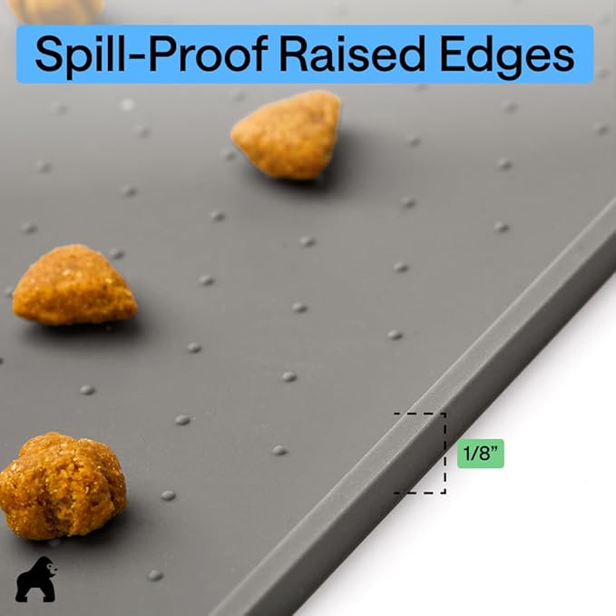 GORILLA GRIP 100% Waterproof Raised Edge BPA Free Silicone Pet Feeding Mat, Dog Cat Food Mats Contain Spills Protects Floors, Placemats for Cats and Dogs Water Bowl, Pets Accessories 32x24 Gray