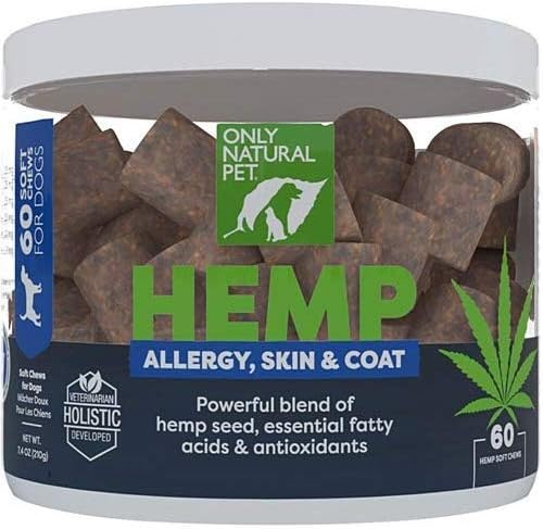 Only Natural Pet Allergy, Skin & Coat Hemp Soft Chews - Allergy Immune Bites for Dogs, Omega 3 Supplement, Calming Treats for Itchy Skin Relief, Hot Spot - (60 Count) (AL.)