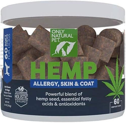 Only Natural Pet Allergy, Skin & Coat Hemp Soft Chews - Allergy Immune Bites for Dogs, Omega 3 Supplement, Calming Treats for Itchy Skin Relief, Hot Spot - (60 Count) (AL.)