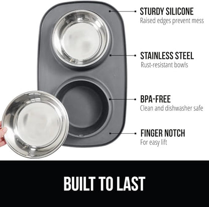 GORILLA GRIP Feeding Mat Bowl Set, 4 Cup 100% Waterproof BPA Free Silicone Base, 304 Stainless Steel Cat and Dog Bowls for Food and Water, Slip Resistant, High Edge, US Designed, Patent Pending, Gray