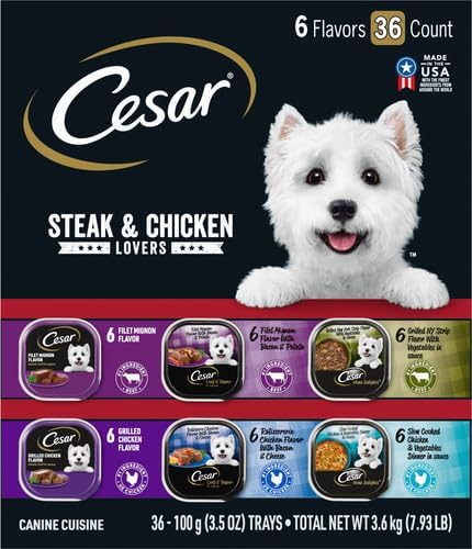 Cesar Wet Dog Food Steak and Chicken Lovers Variety Pack,Adult,Wet Food for Dogs with Real Beef or Chicken,3.5 oz Easy Peel Trays,36 Count (Pack of 2)