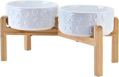 SPUNKYJUNKY Elevated Dog Bowls Ceramic, 7.3'' Dogs Food Water Bowls Raised with Non-Slip Bamboo Stand for Medium to Large Sized Breed Microwave Dishwasher Safe - 42 OZ,Skull White