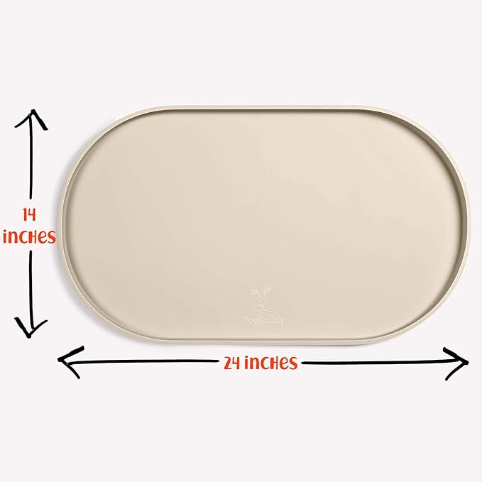 DogBuddy Dog Food Mat - Waterproof Dog Bowl Mat, Silicone Pet Mat for Food and Water Bowls, Nonslip Pet Feeding Mat with Edges, Dogs Food Mats for Floors, Puppy Supplies (Large, White Sand)
