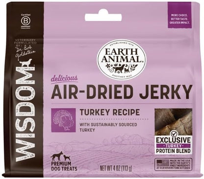 Earth Animal Wisdom Air Dried Jerky - Turkey Recipe Premium Natural Jerky Strips Dog Treats - 4 oz Bag