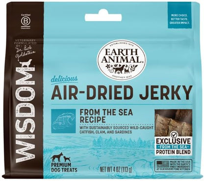 Earth Animal Wisdom Air Dried Jerky - From the Sea Recipe Premium Natural Fish Jerky Strips Dog Treats - 4 oz Bag