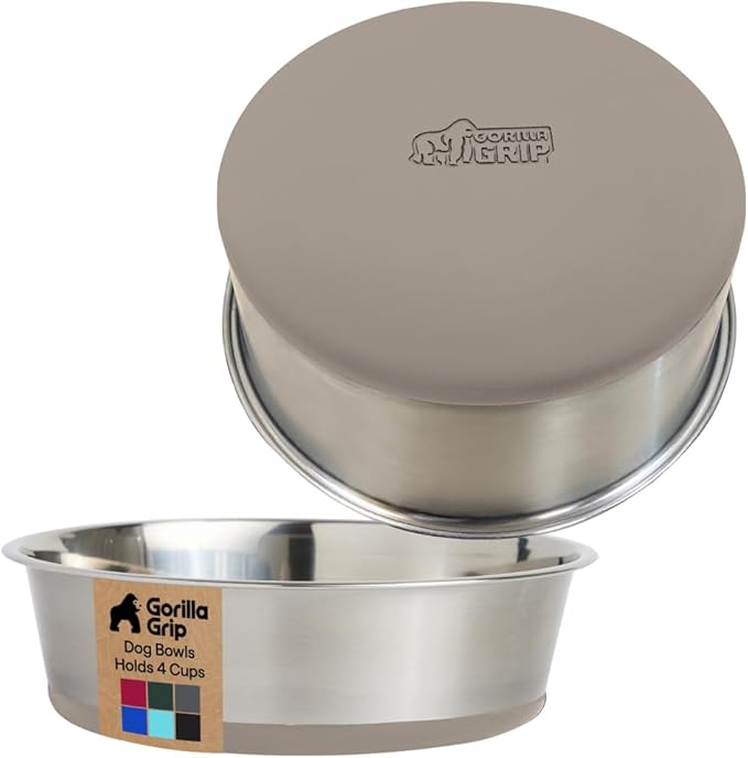 GORILLA GRIP Dog Bowls, Food Grade 304 Stainless Steel, Holds 4 Cups Each (32 fl oz) Food and Water Bowl for Feeding Dogs and Cats, Dishwasher Safe, Rust Resistant, BPA Free Rubber Base Set of 2 Beige