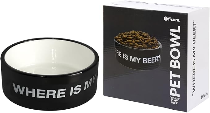 Fisura Ceramic Dog Bowl – Original Black Pet Dish Where is My Beer? – 25 oz Capacity for Small, Medium & Large Dogs – Food & Water Bowl, 6.3 x 6.3 x 2.4 in