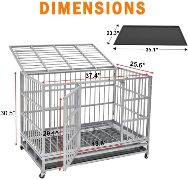 BOLDBONE 38 inch Heavy Duty Indestructible and Escape-Proof Dog Crate Cage Kennel for Large Dogs, High Anxiety Dog Crate with Removable Wire Trays and Wheels, Extra Large XL XXL, Silver