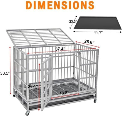 BOLDBONE 38 inch Heavy Duty Indestructible and Escape-Proof Dog Crate Cage Kennel for Large Dogs, High Anxiety Dog Crate with Removable Wire Trays and Wheels, Extra Large XL XXL, Silver
