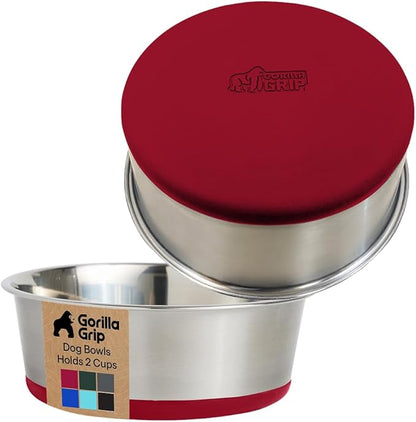 GORILLA GRIP Dog Bowls, Food Grade 304 Stainless Steel, Holds 2 Cups Each (16 fl oz) Food and Water Bowl for Feeding Dogs and Cats, Dishwasher Safe, Rust Resistant, BPA Free Rubber Base Set of 2 Red