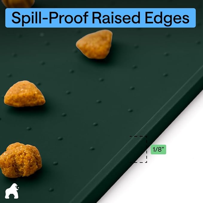 GORILLA GRIP 100% Waterproof Raised Edge BPA Free Silicone Pet Feeding Mat, Dog Cat Food Mats Contain Spills Protects Floors, Placemats for Cats and Dogs Water Bowl, Pets Accessories 18.5x11.5 Green