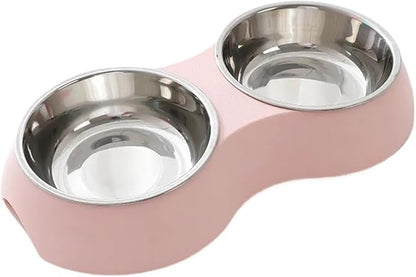 Double Pet Bowls Water Feeder Stainless Steel Drinking Dish Feeding Supplies Dog Accessories(Pink)